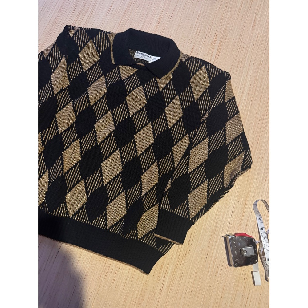 Alfred Dunner Vintage Gold Black Argyle Lurex Knit Polo Sweater Large USA 47